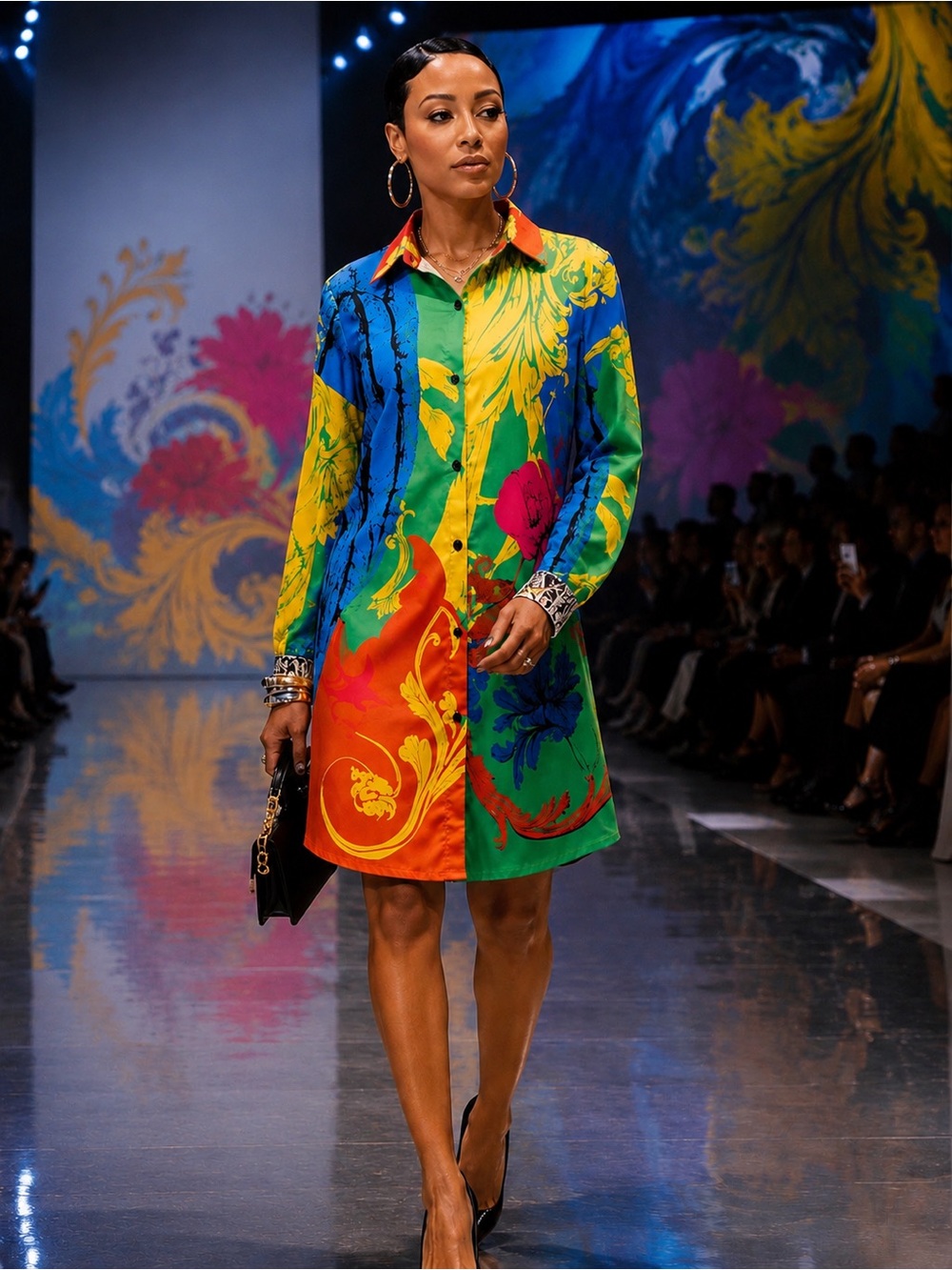 COLORFUL VIBRANT BAROQUE/FLORAL PRINT LONG SLEEVE BUTTON DOWN SHIRT DRESS SZ L
